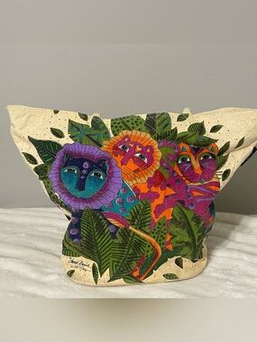 Laurel Burch Wild Ones Lions Cats Large Canvas Tote Weekender Bag Logo Zip Charm